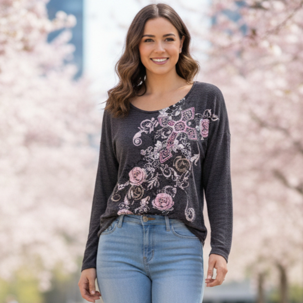 NEW Self Esteem Women 1x Gray Lightweight Waffle Thermal Shirt Cross Rose Y2k